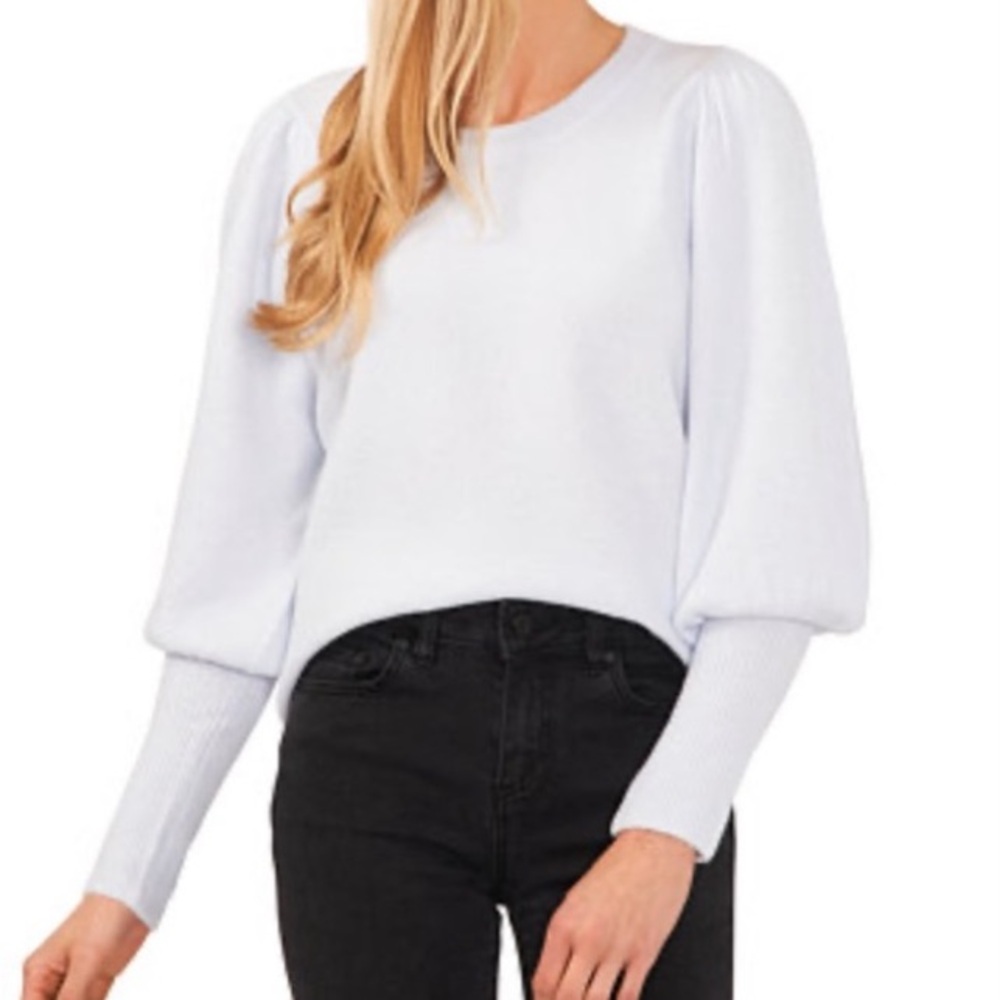 CeCe White Puff Sleeve Crewneck Sweater